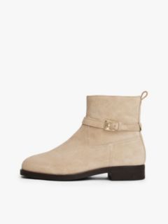 Suede Ankle Strap Riding Boots — Beige 7
