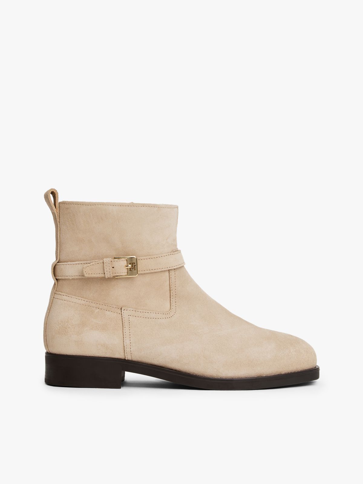 Suede Ankle Strap Riding Boots — Beige