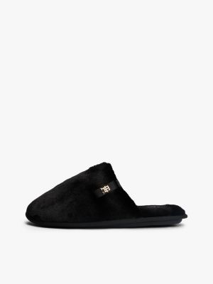 black th monogram faux fur slippers for women tommy hilfiger