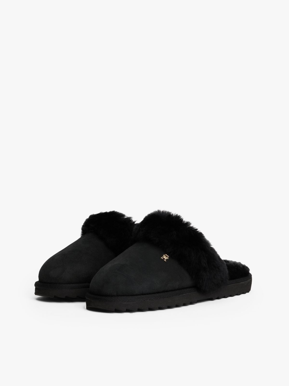 TH Monogram Shearling Leather Slippers — Black