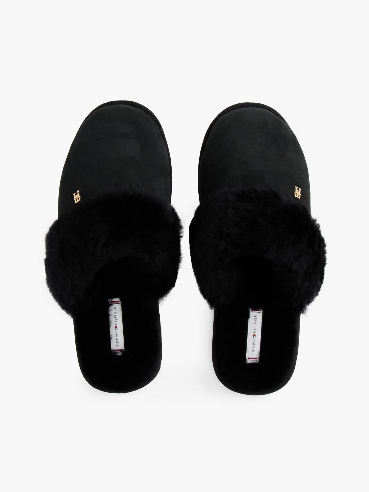 TH Monogram Shearling Leather Slippers — Black