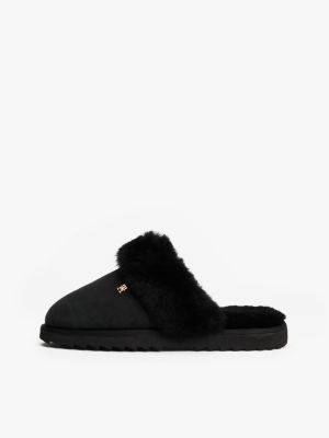 black th monogram leather serrated slippers for women tommy hilfiger