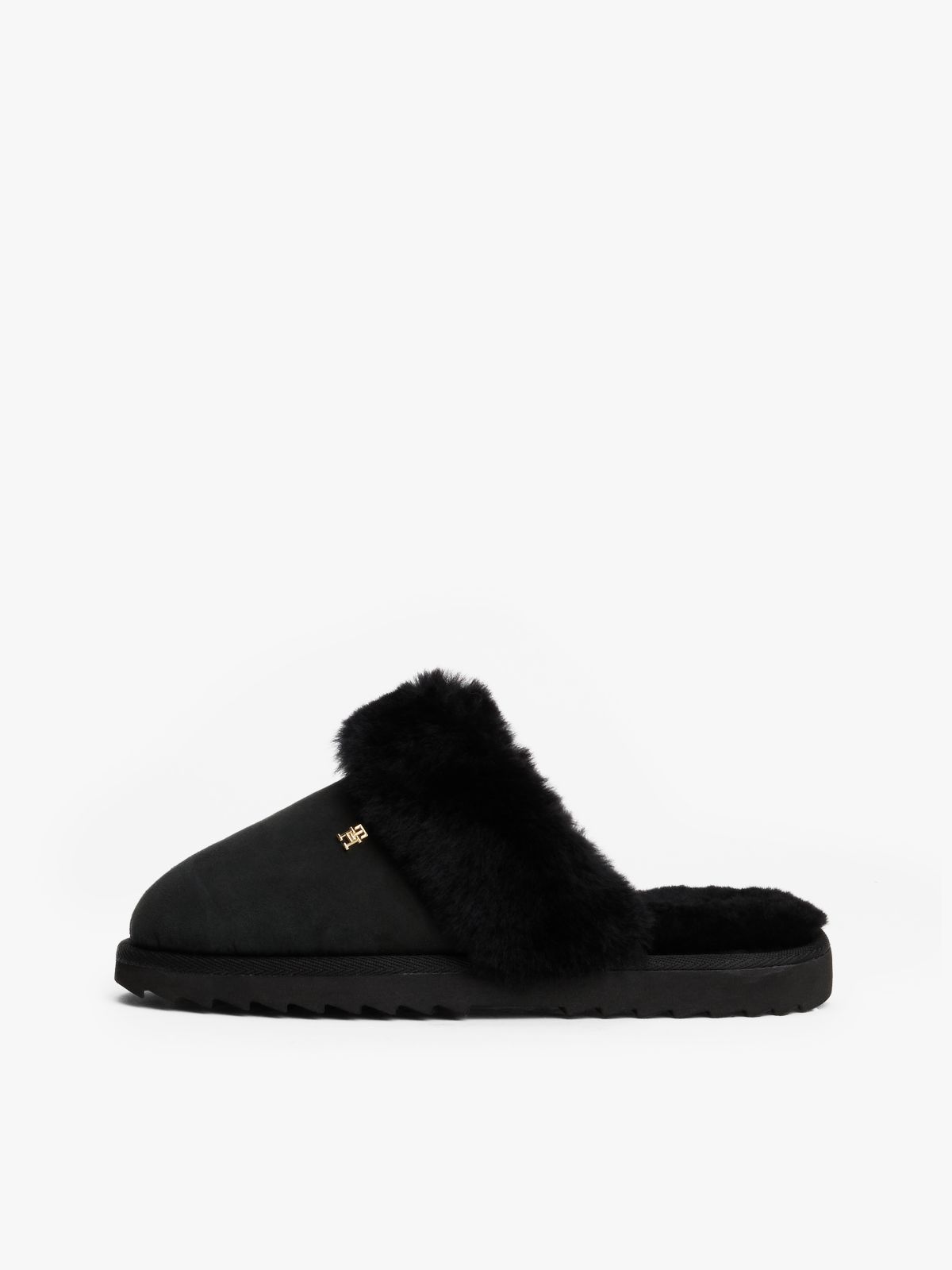 TH Monogram Shearling Leather Slippers — Black
