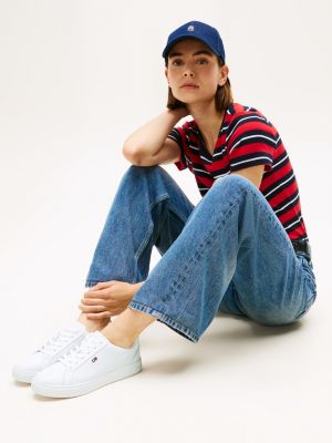 white enamel flag leather court trainers for women tommy hilfiger