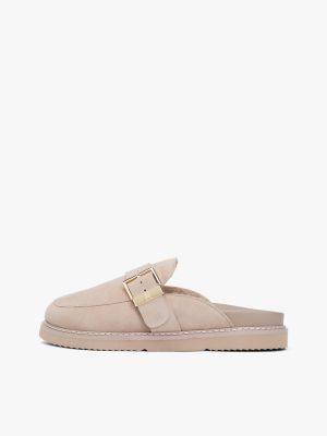 mules en daim à boucle à monogramme th beige pour femmes tommy hilfiger