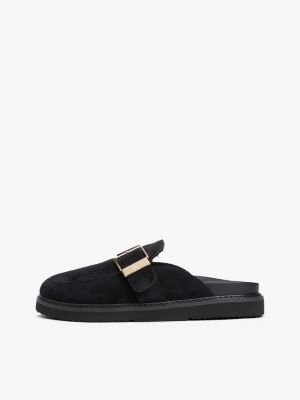 black th monogram buckle suede mules for women tommy hilfiger