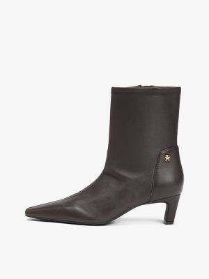 brown th monogram plaque leather mid boots for women tommy hilfiger