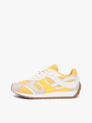 yellow th monogram leather mixed texture trainers for women tommy hilfiger