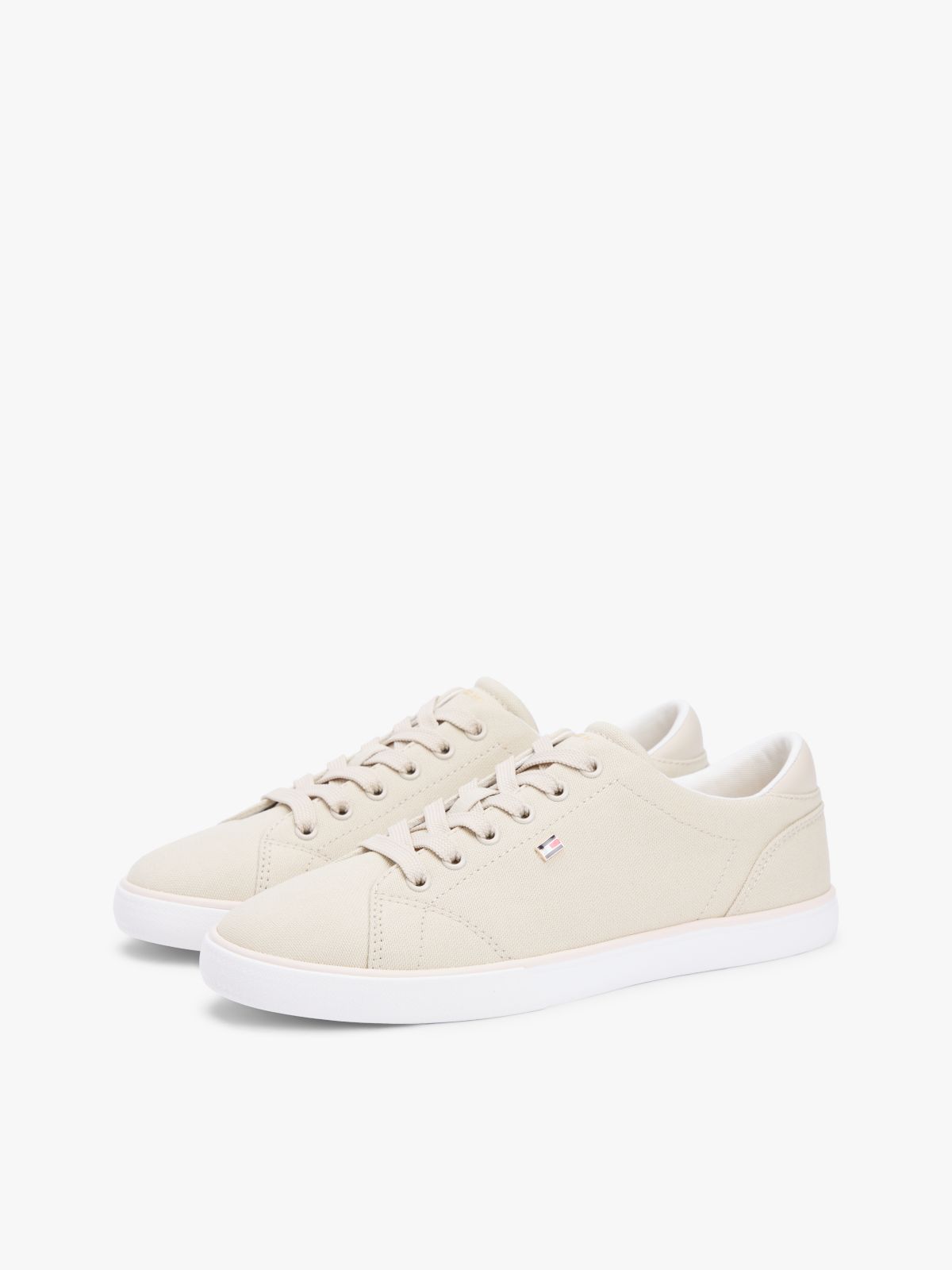 Low Profile Canvas Lace-Up Trainers — Beige