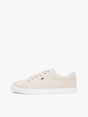 beige low profile canvas lace-up trainers for women tommy hilfiger