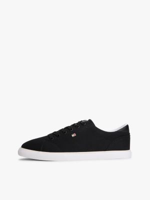 black low profile canvas lace-up trainers for women tommy hilfiger