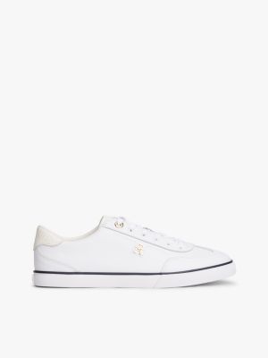 white lace-up sneaker aus leder mit th-monogramm für damen - tommy hilfiger
