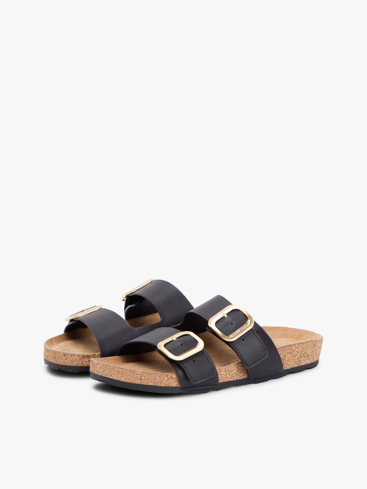 Leather Double Strap Cork Sandals — Black