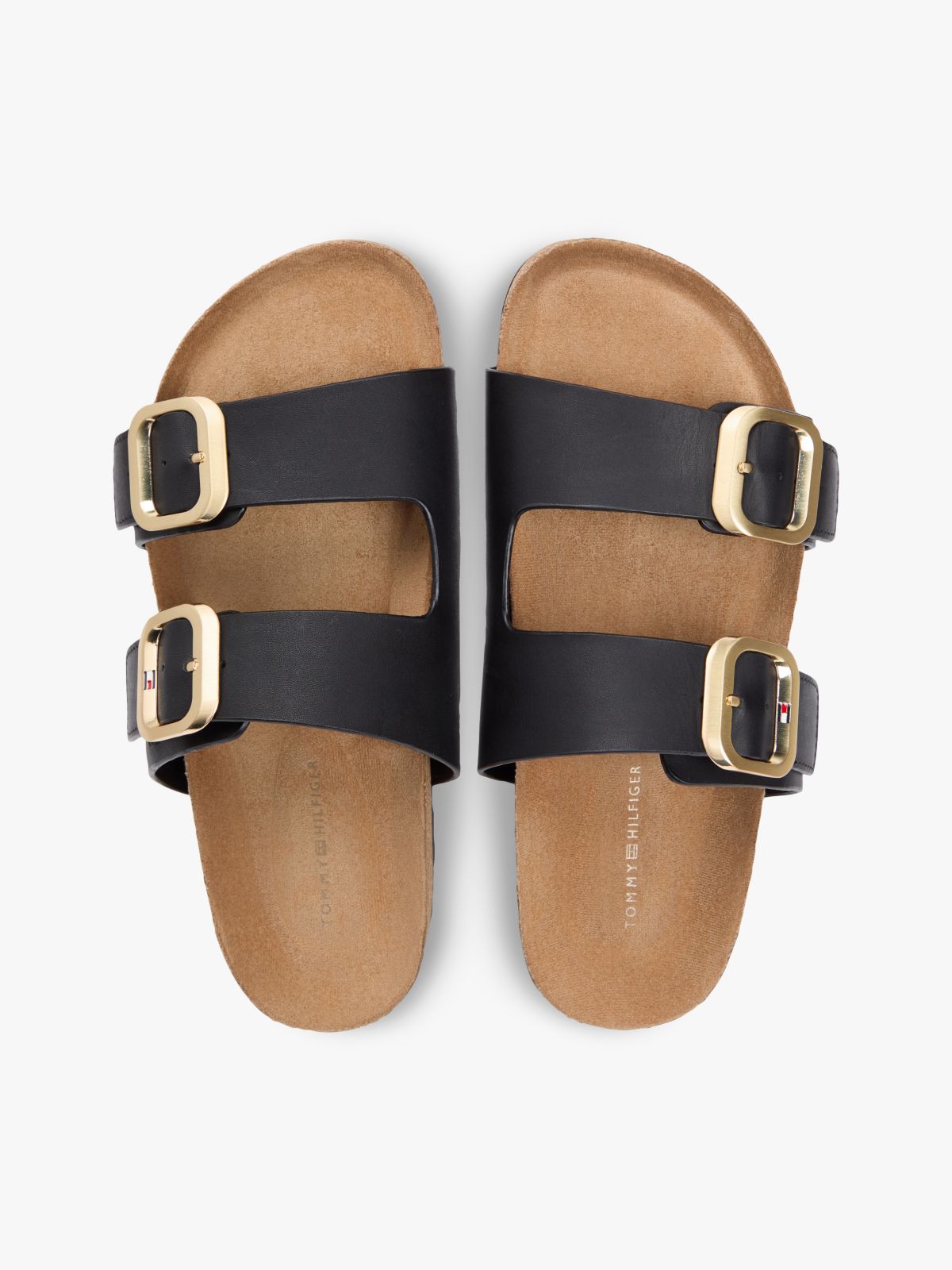 Leather Double Strap Cork Sandals — Black