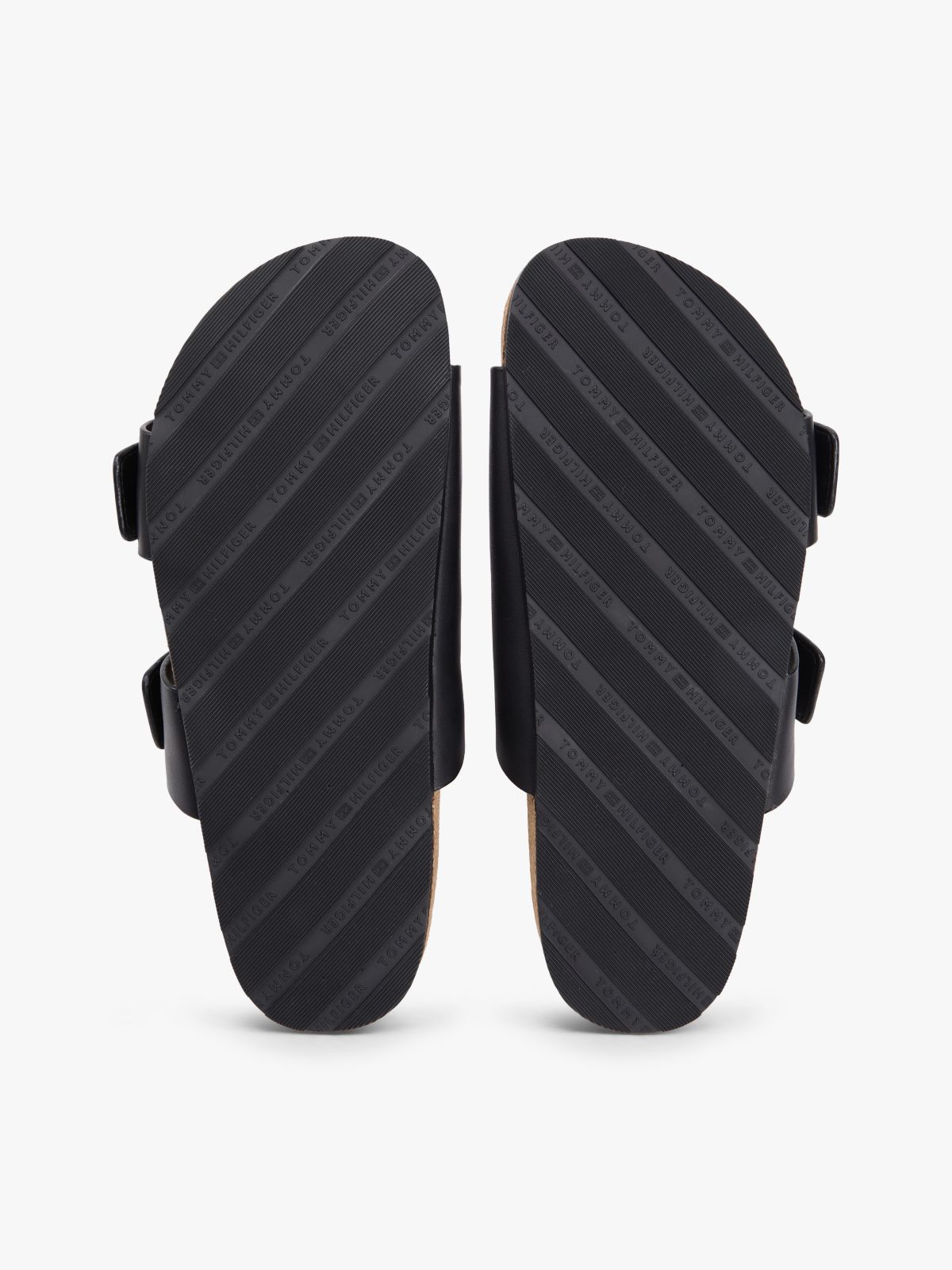 Leather Double Strap Cork Sandals — Black