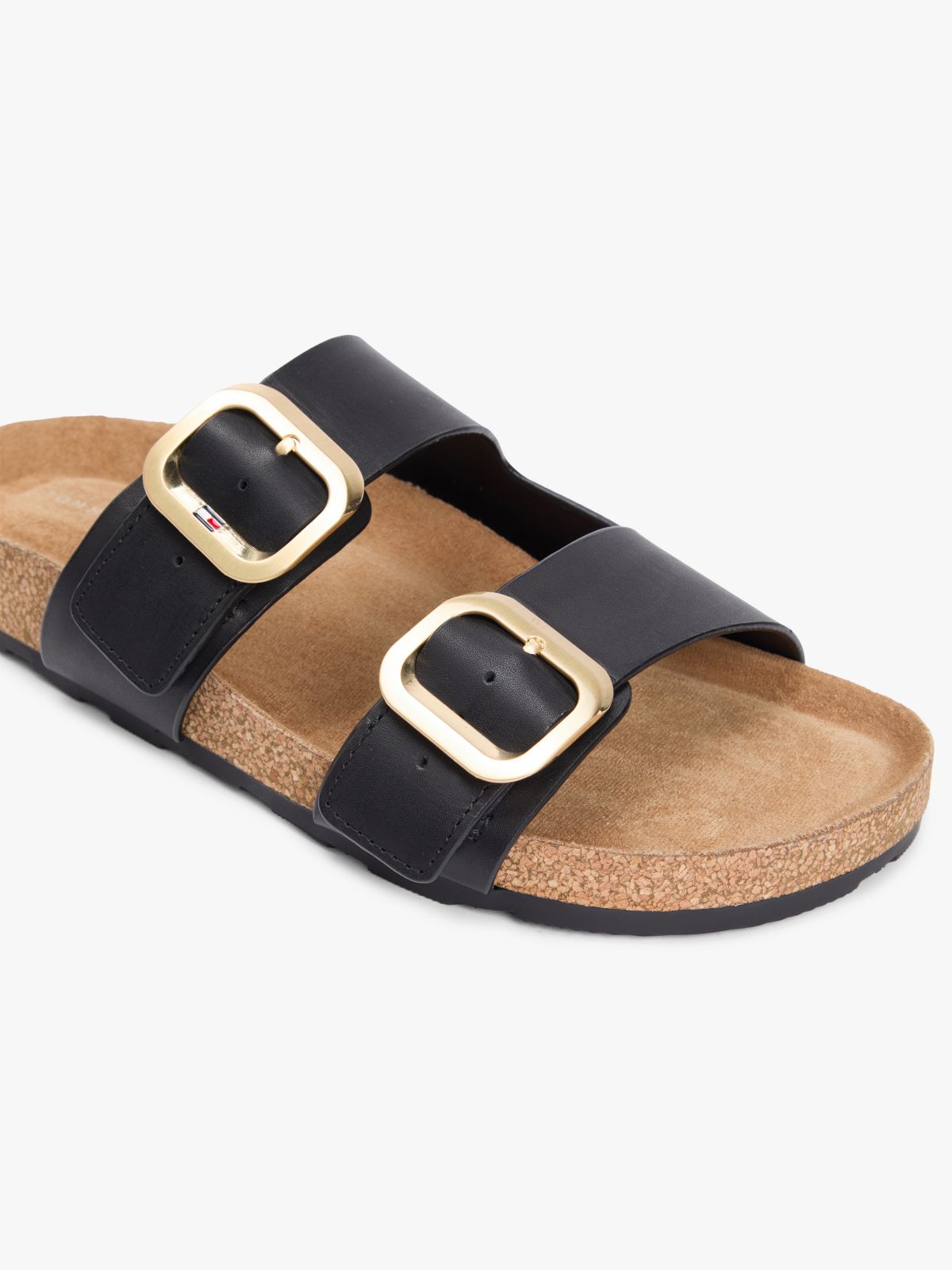 Leather Double Strap Cork Sandals — Black