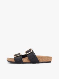 Leather Double Strap Cork Sandals — Black 7