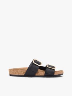 Leather Double Strap Cork Sandals — Black 1