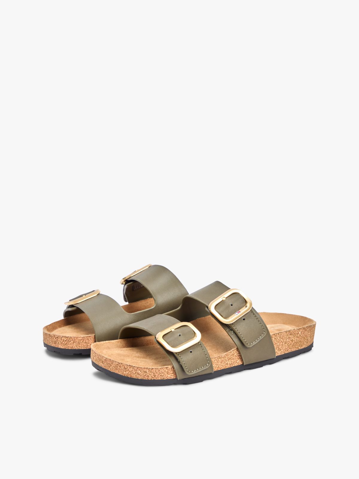 Leather Double Strap Cork Sandals — Khaki