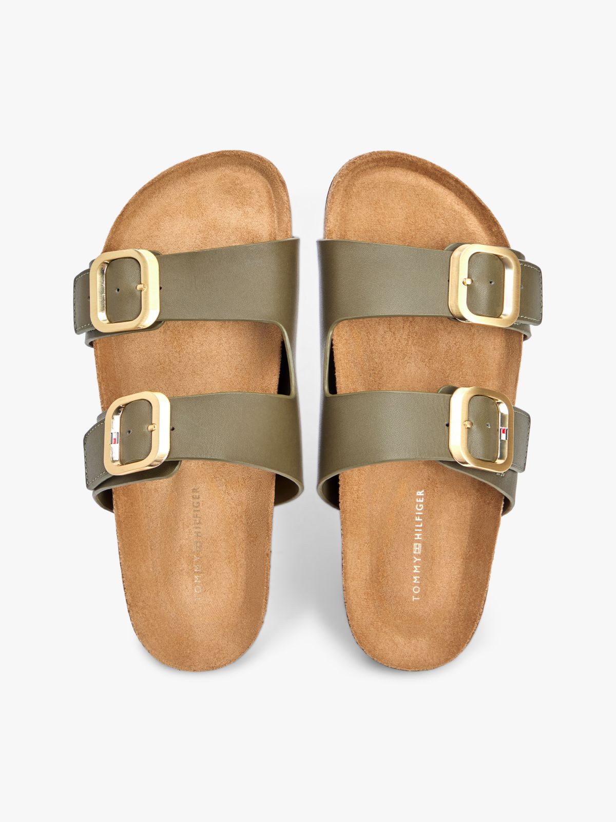 Leather Double Strap Cork Sandals — Khaki