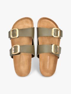 Leather Double Strap Cork Sandals — Khaki 3