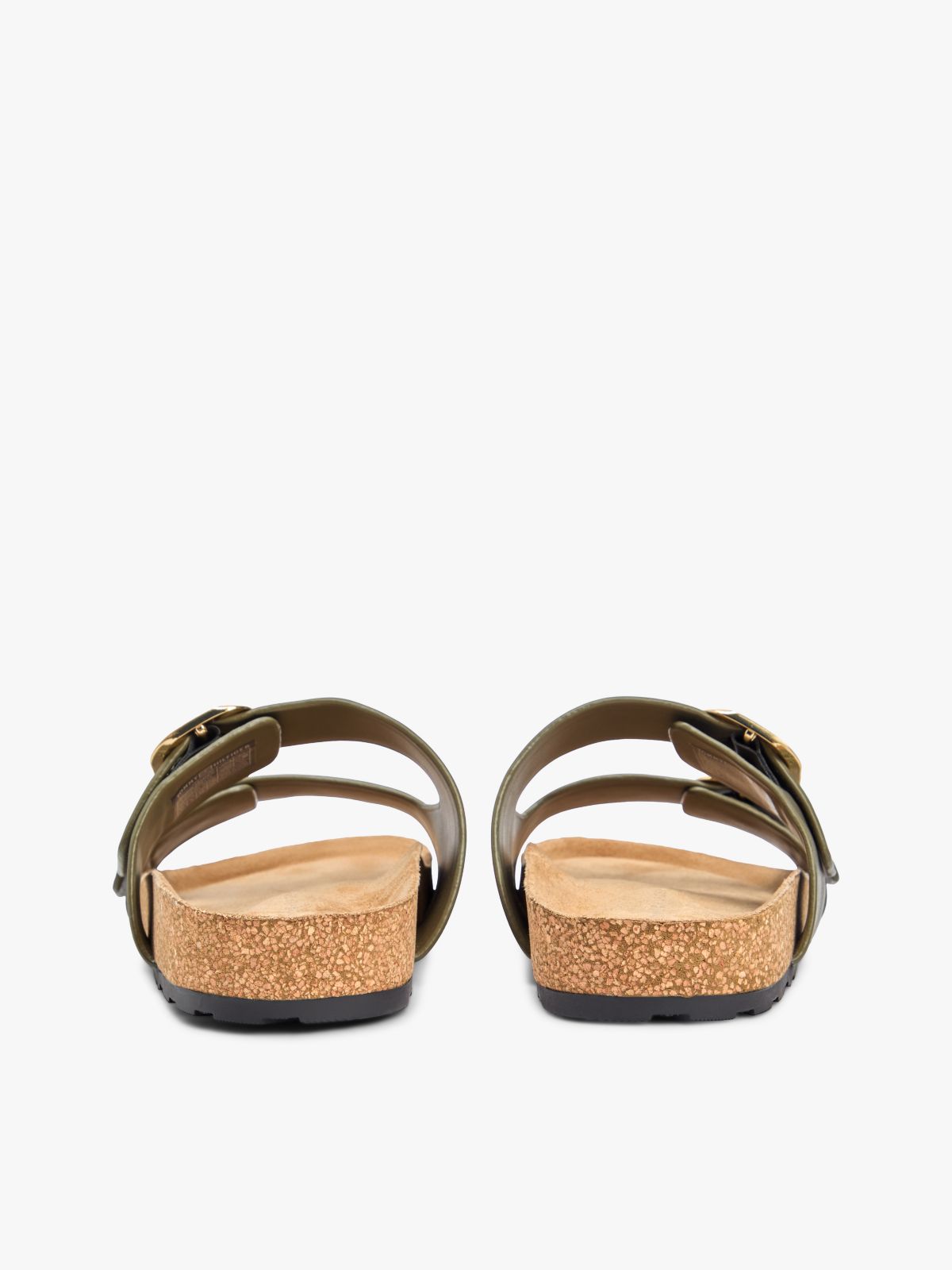 Leather Double Strap Cork Sandals — Khaki