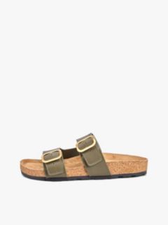 Leather Double Strap Cork Sandals — Khaki 7