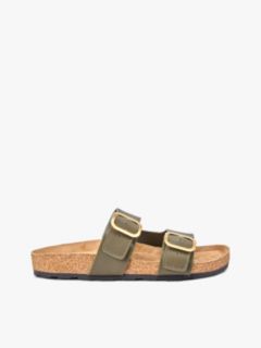 Leather Double Strap Cork Sandals — Khaki 1