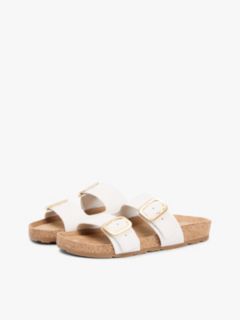Leather Double Strap Cork Sandals — White 2