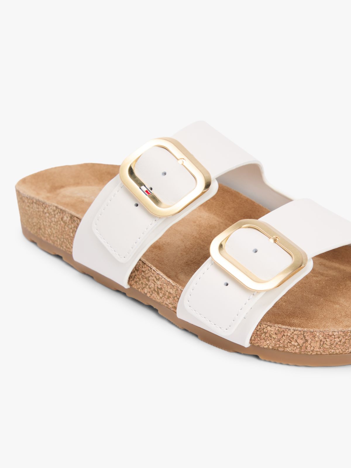 Leather Double Strap Cork Sandals — White