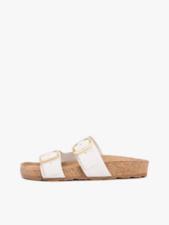 Leather Double Strap Cork Sandals — White 7