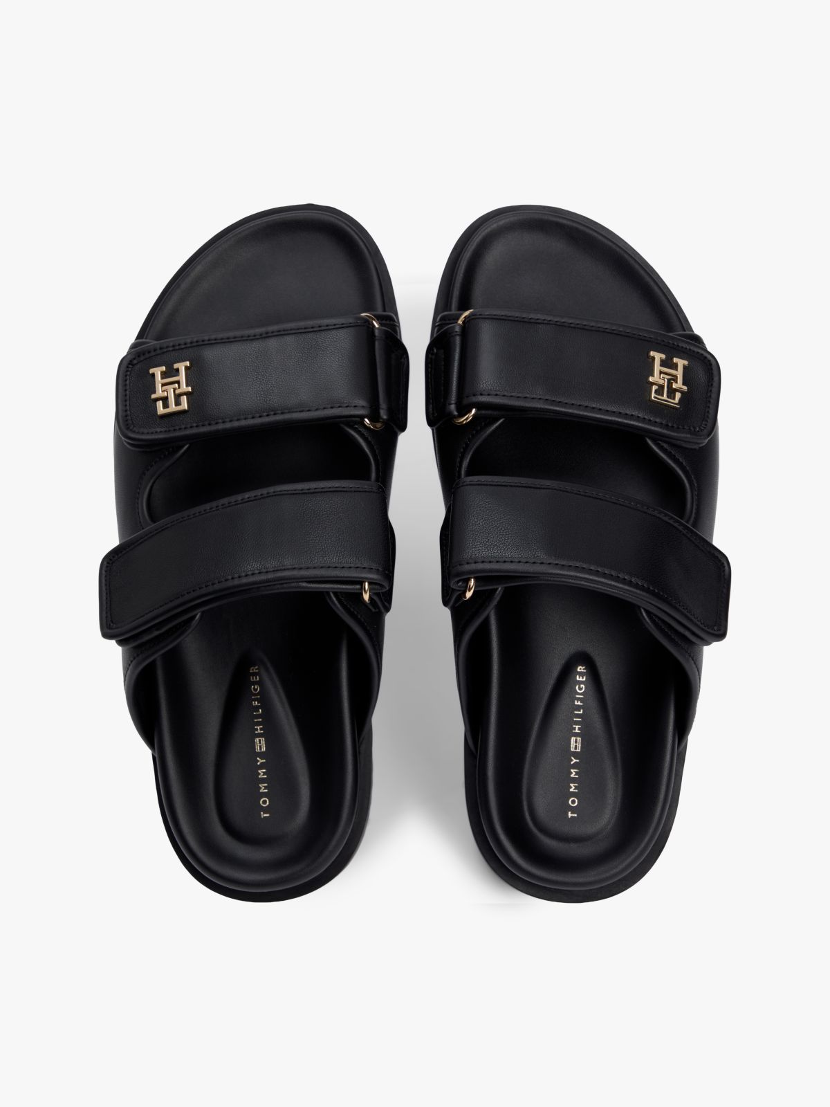 Leather TH Monogram Double Strap Sandals — Black