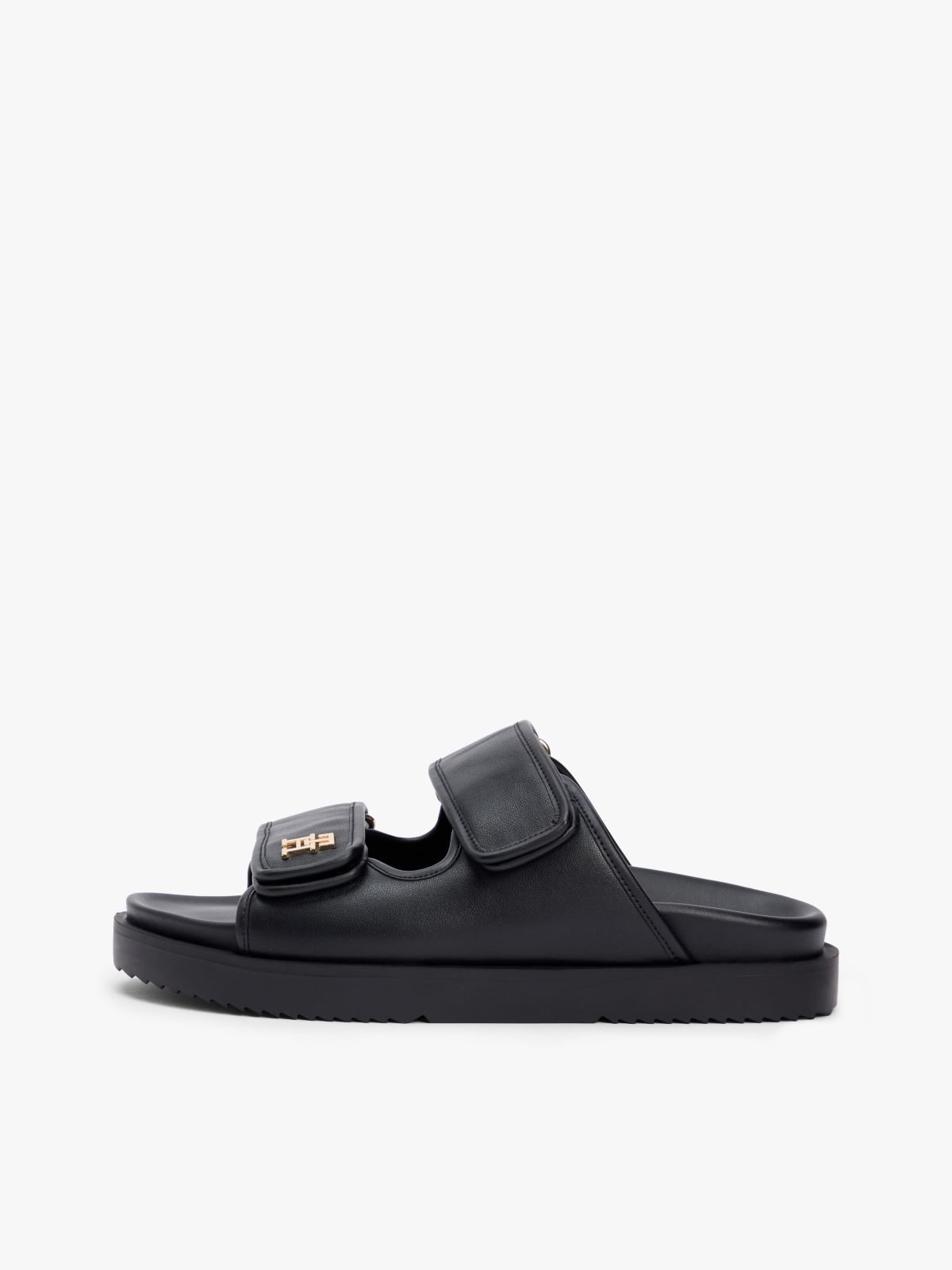 Leather TH Monogram Double Strap Sandals — Black