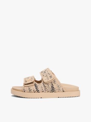 sandales double bride en raphia à monogramme beige pour femmes tommy hilfiger