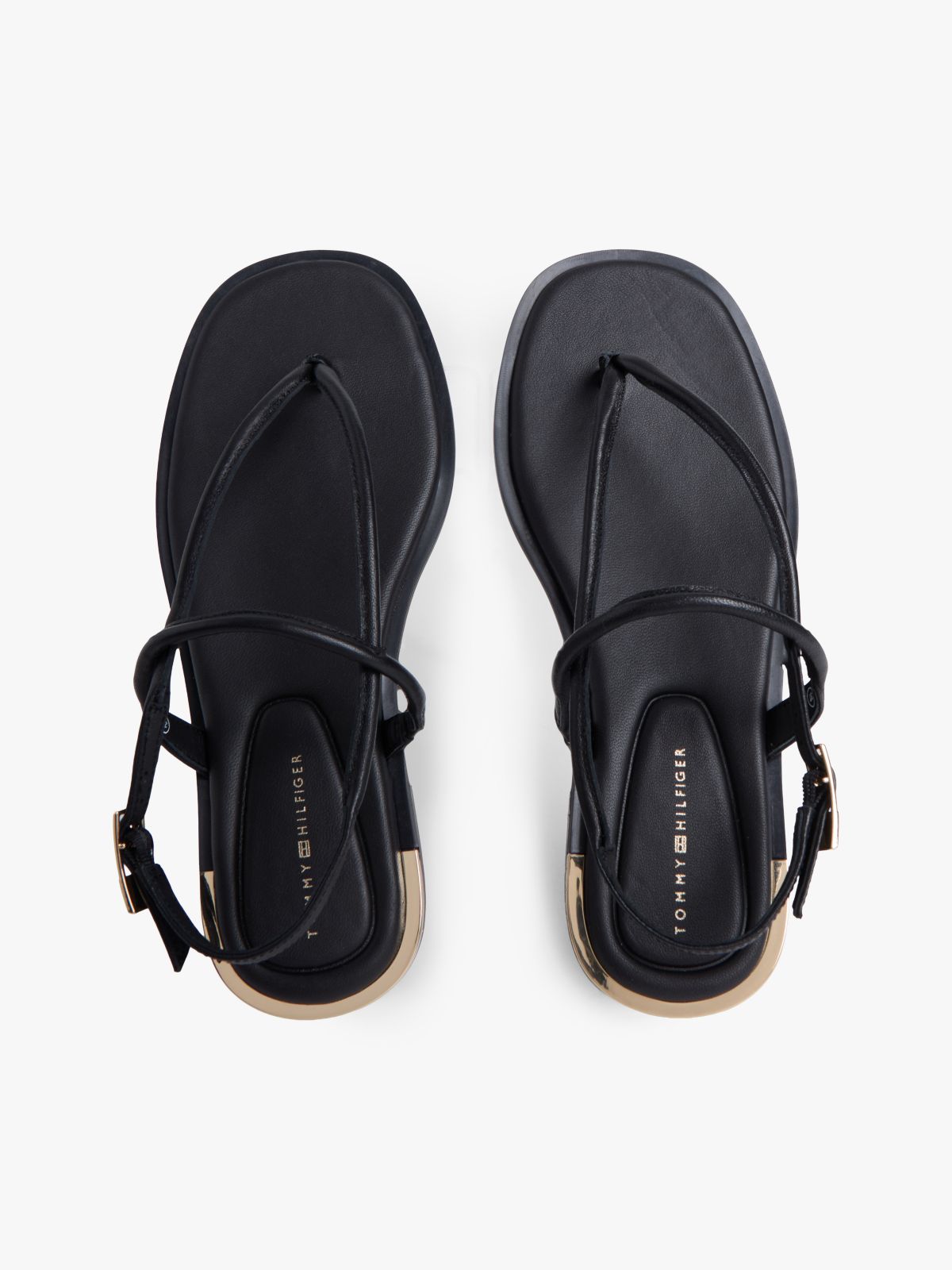 Leather TH Monogram Gold-Tone Heel Sandals — Black
