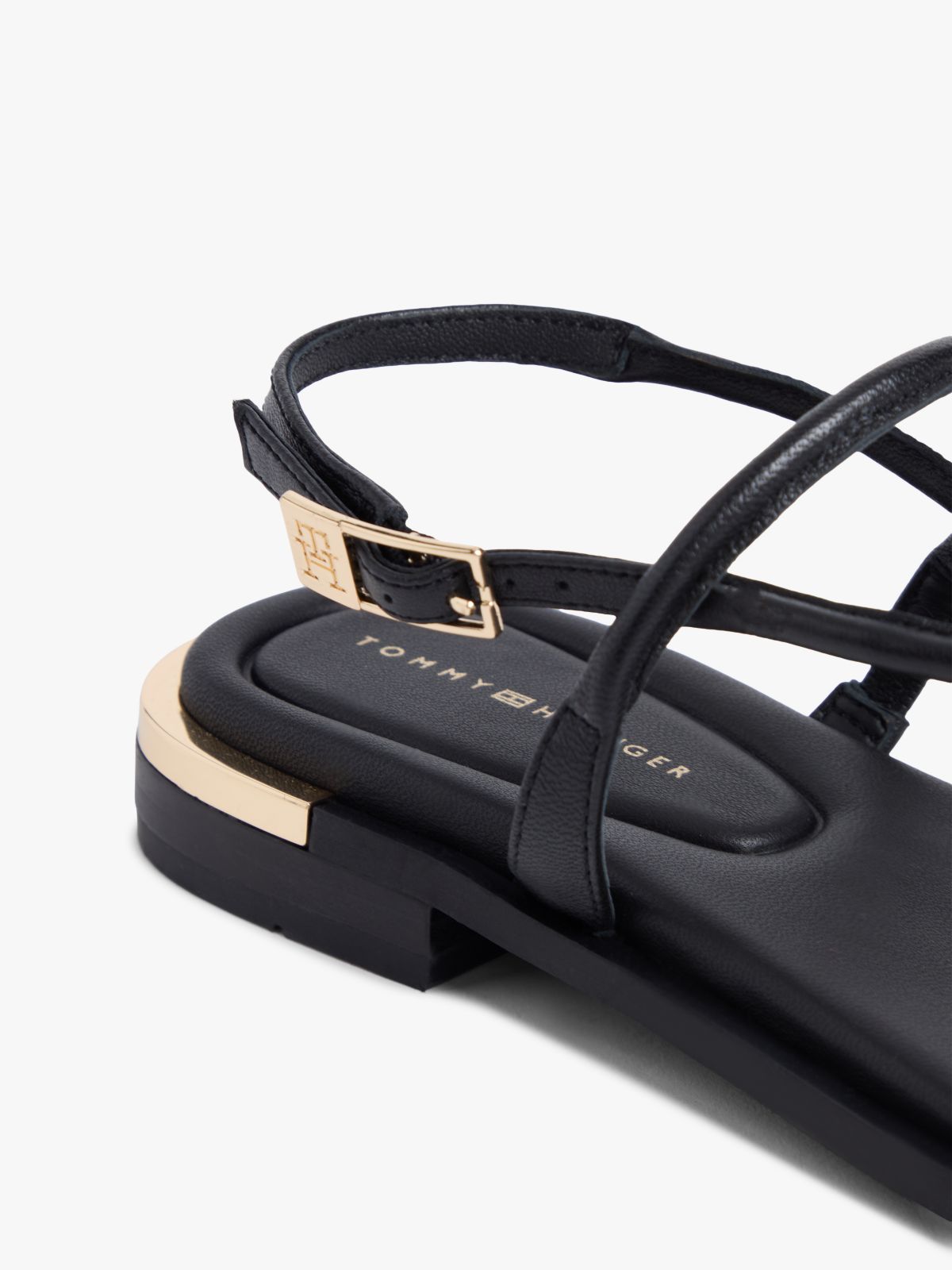 Leather TH Monogram Gold-Tone Heel Sandals — Black