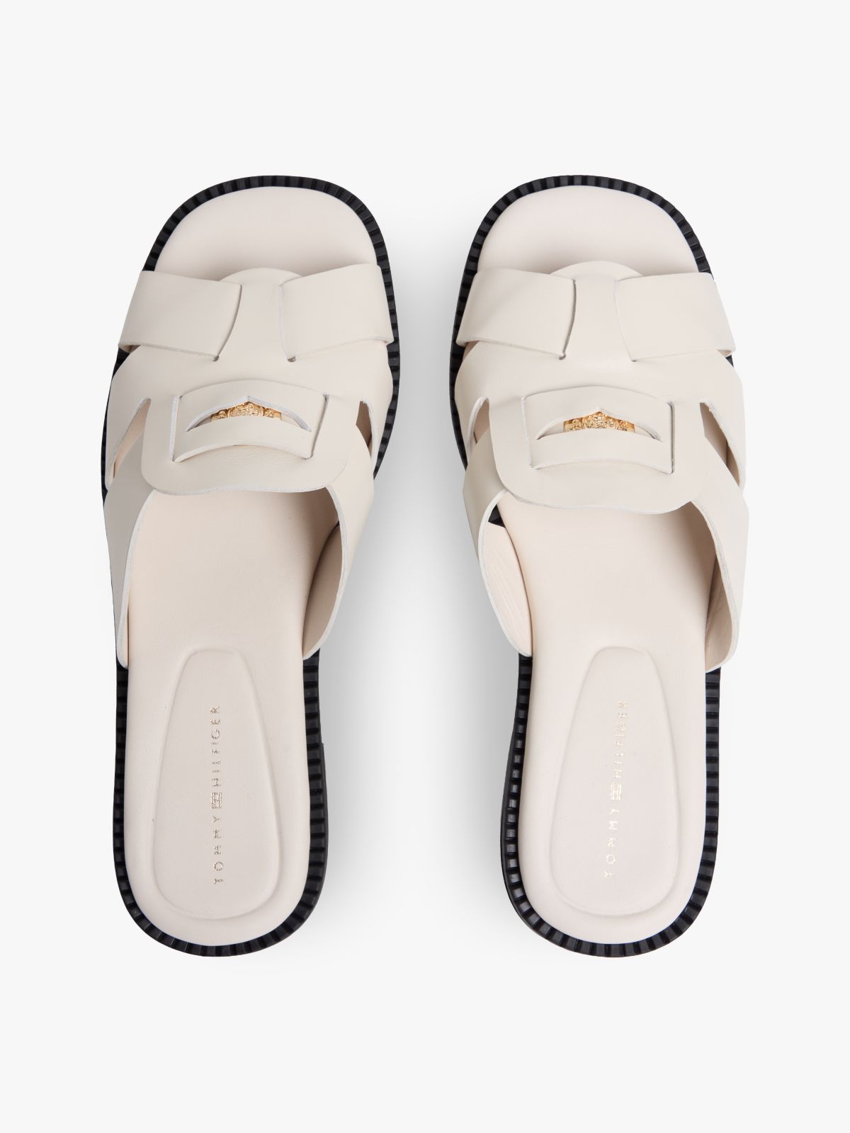 Leather Crest Square Toe Sandals — Beige