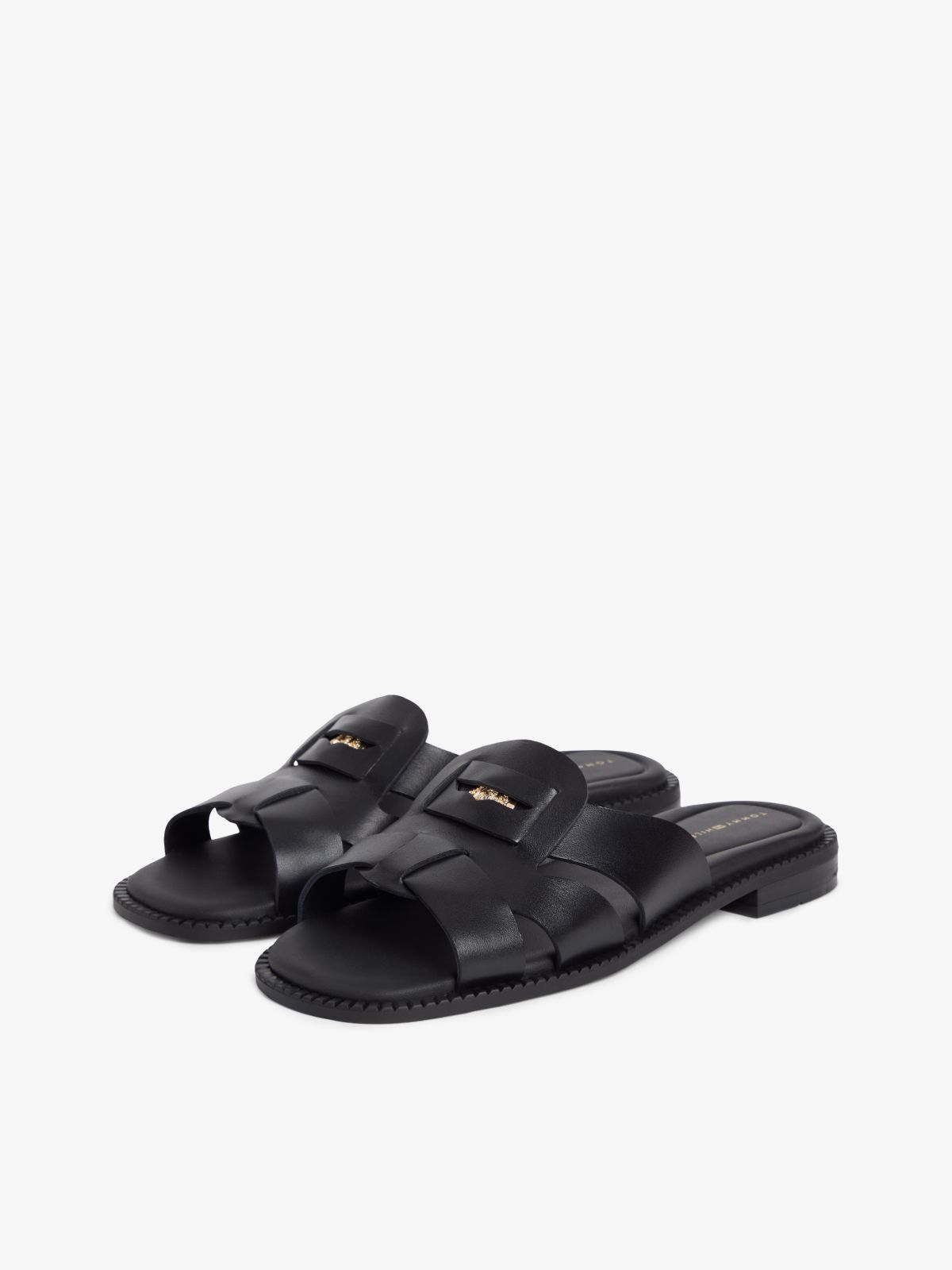 Leather Crest Square Toe Sandals — Black