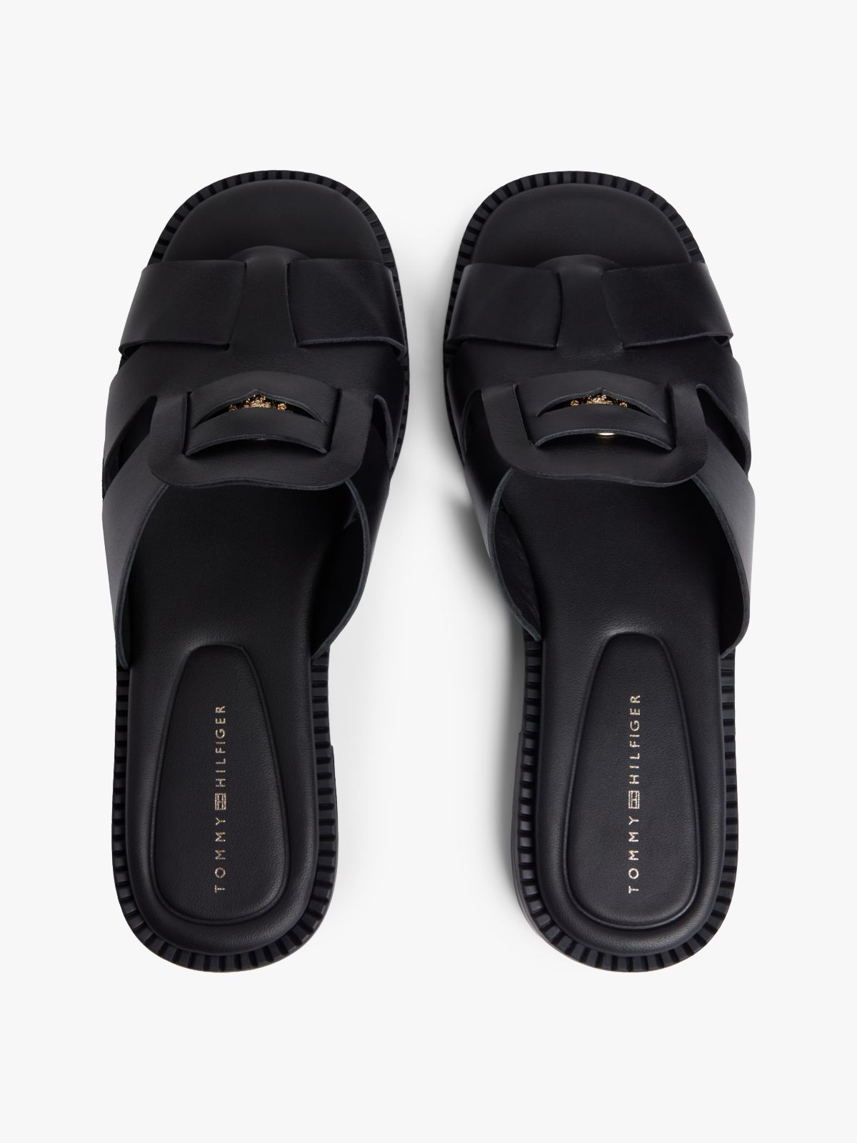 Leather Crest Square Toe Sandals — Black