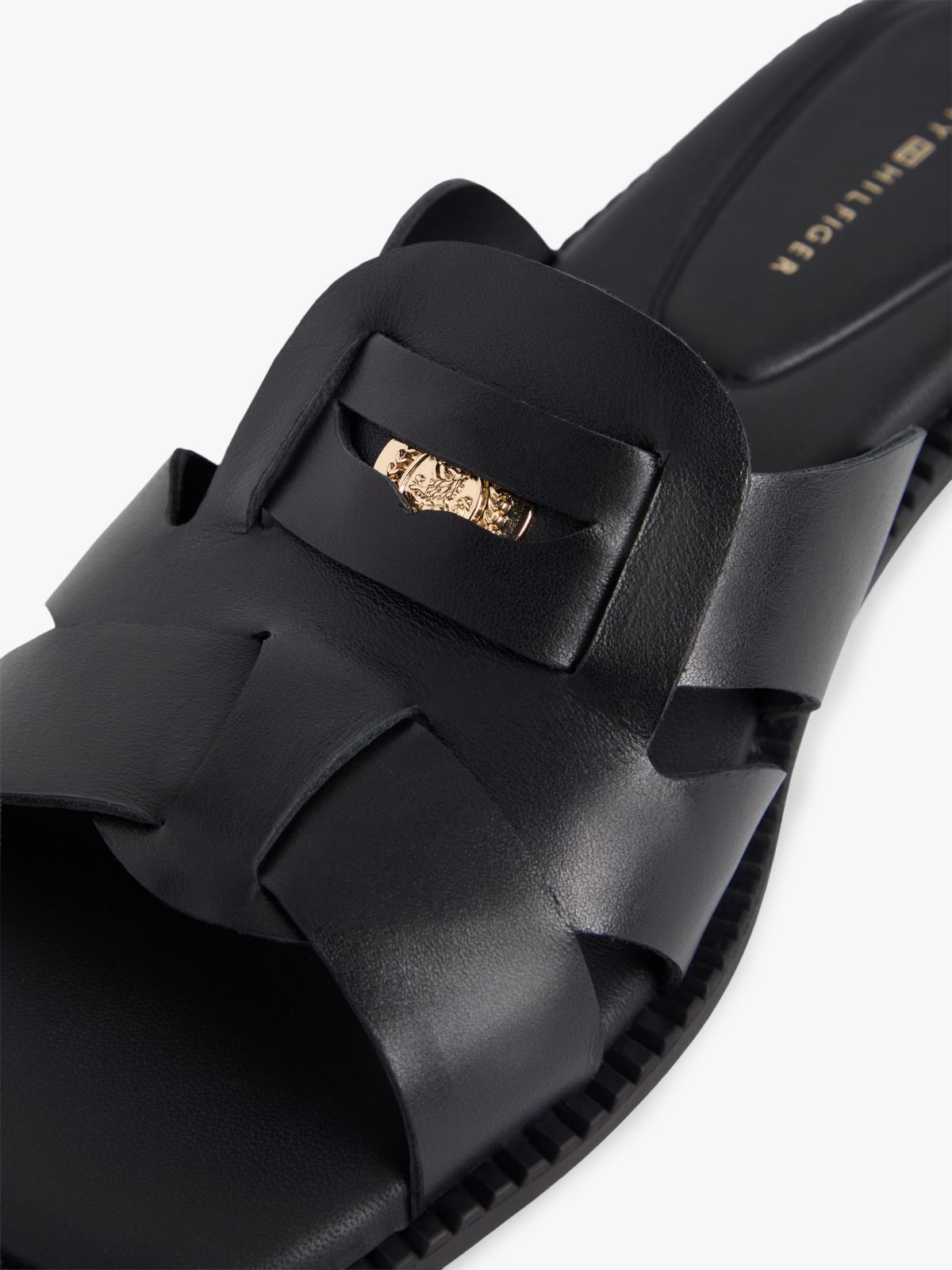 Leather Crest Square Toe Sandals — Black