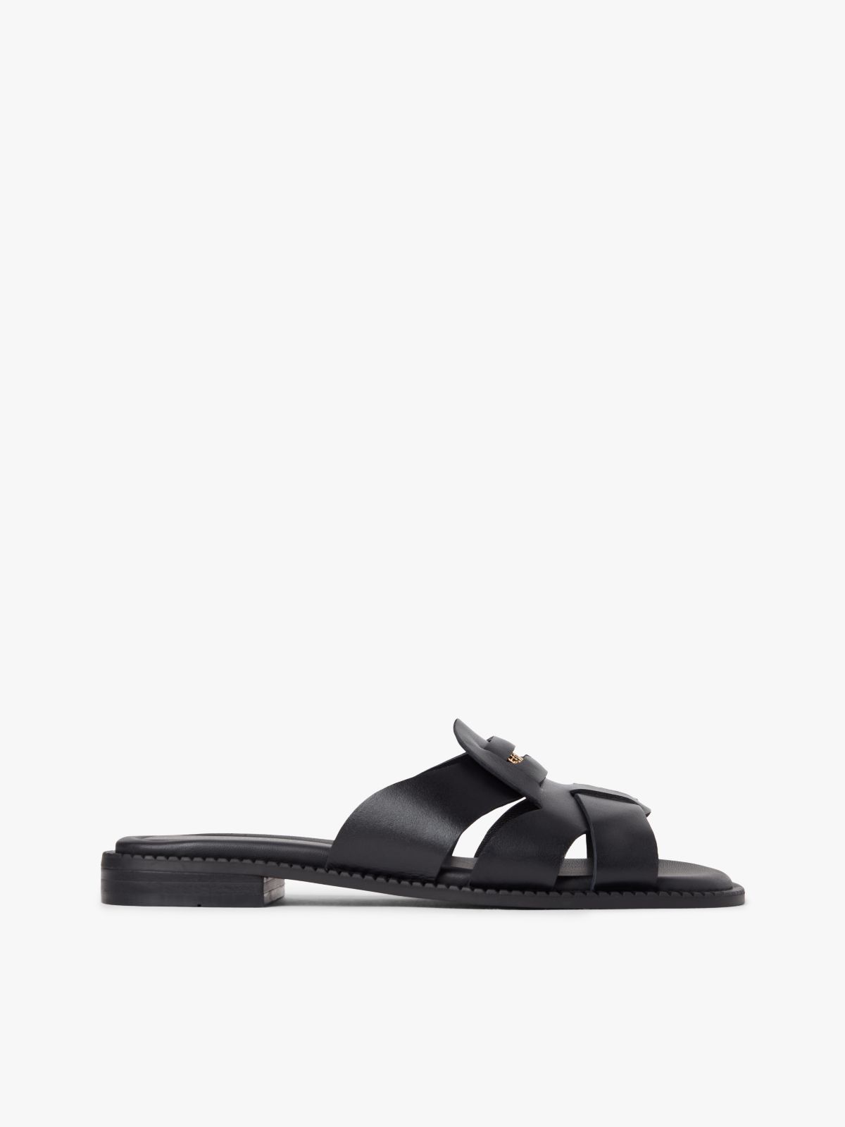 Leather Crest Square Toe Sandals — Black