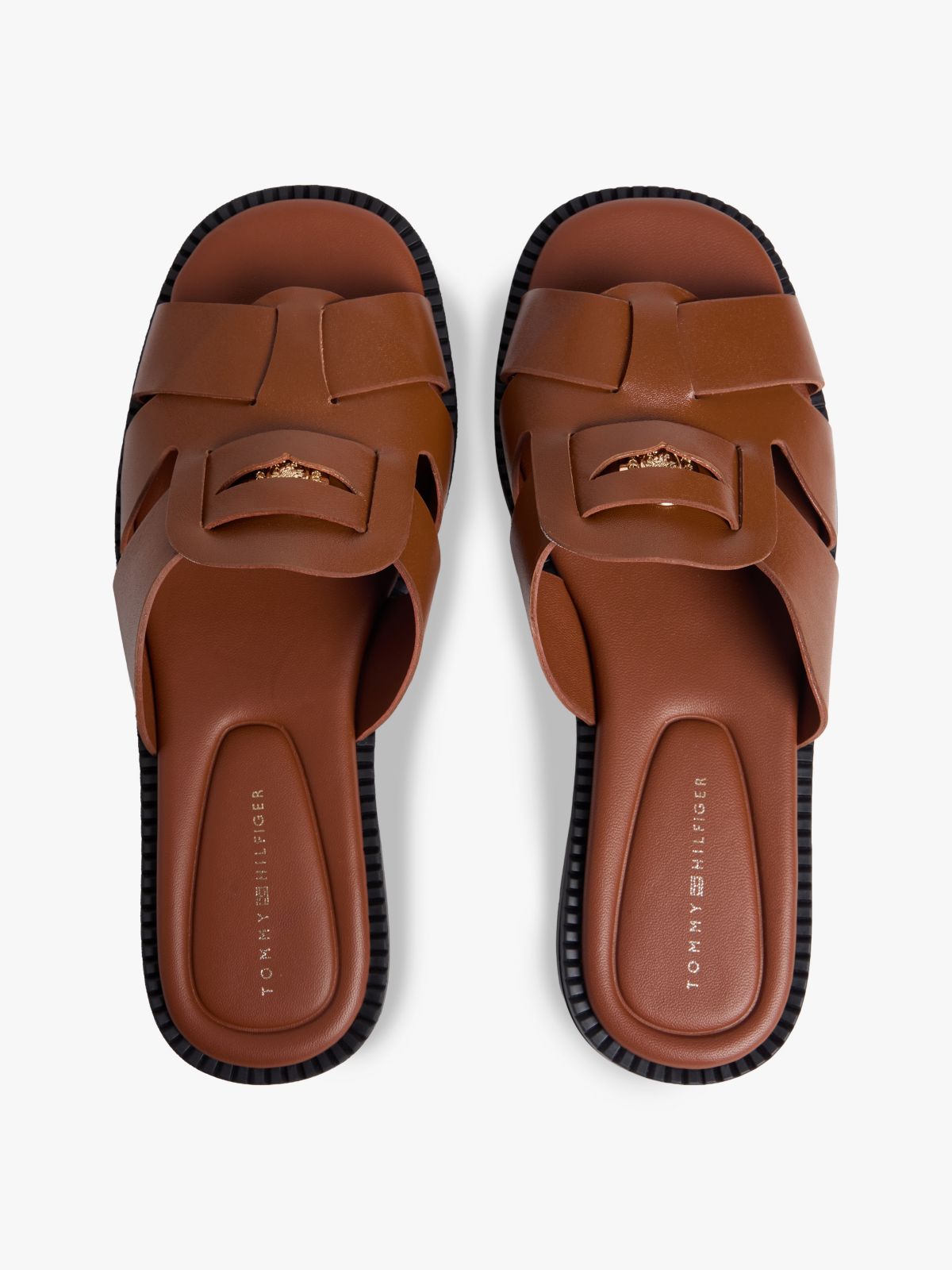 Leather Crest Square Toe Sandals — Brown