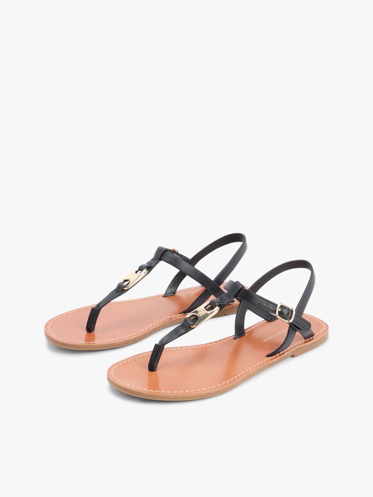 Leather TH Monogram Strap Sandals — Black