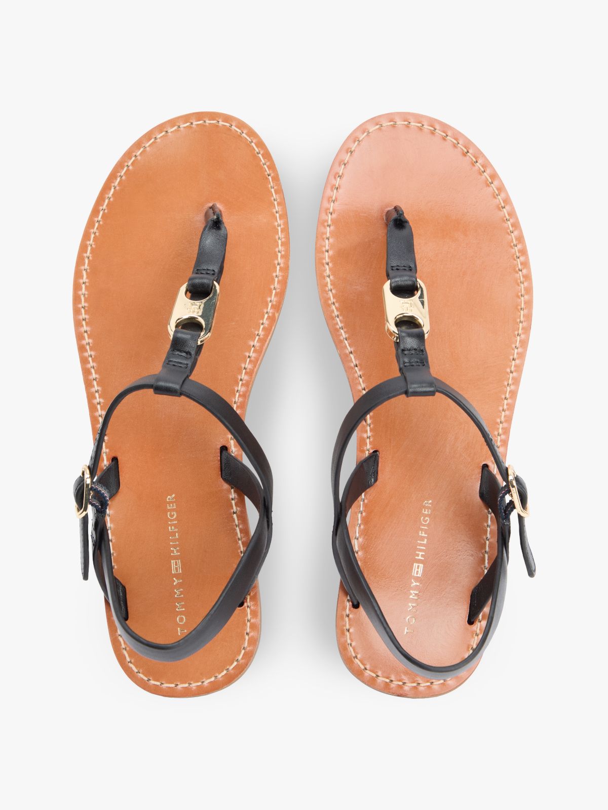 Leather TH Monogram Strap Sandals — Black