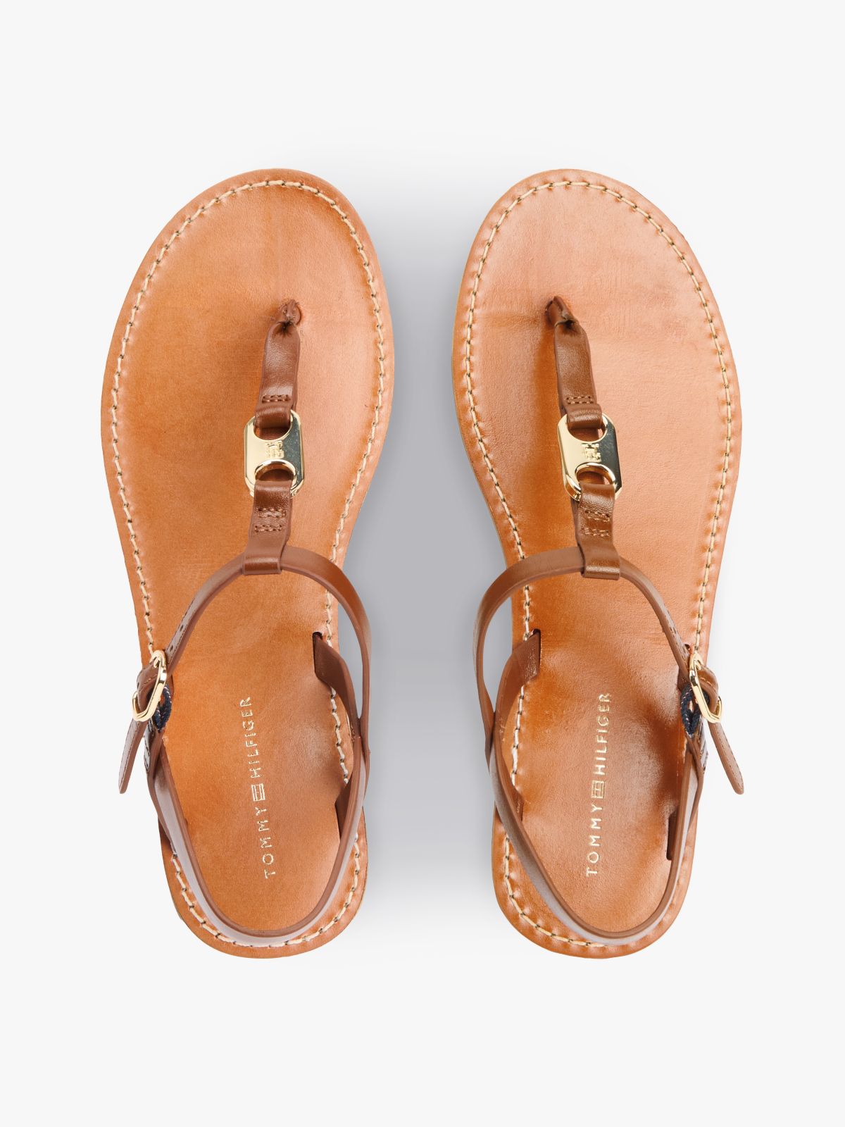 Leather TH Monogram Strap Sandals — Brown