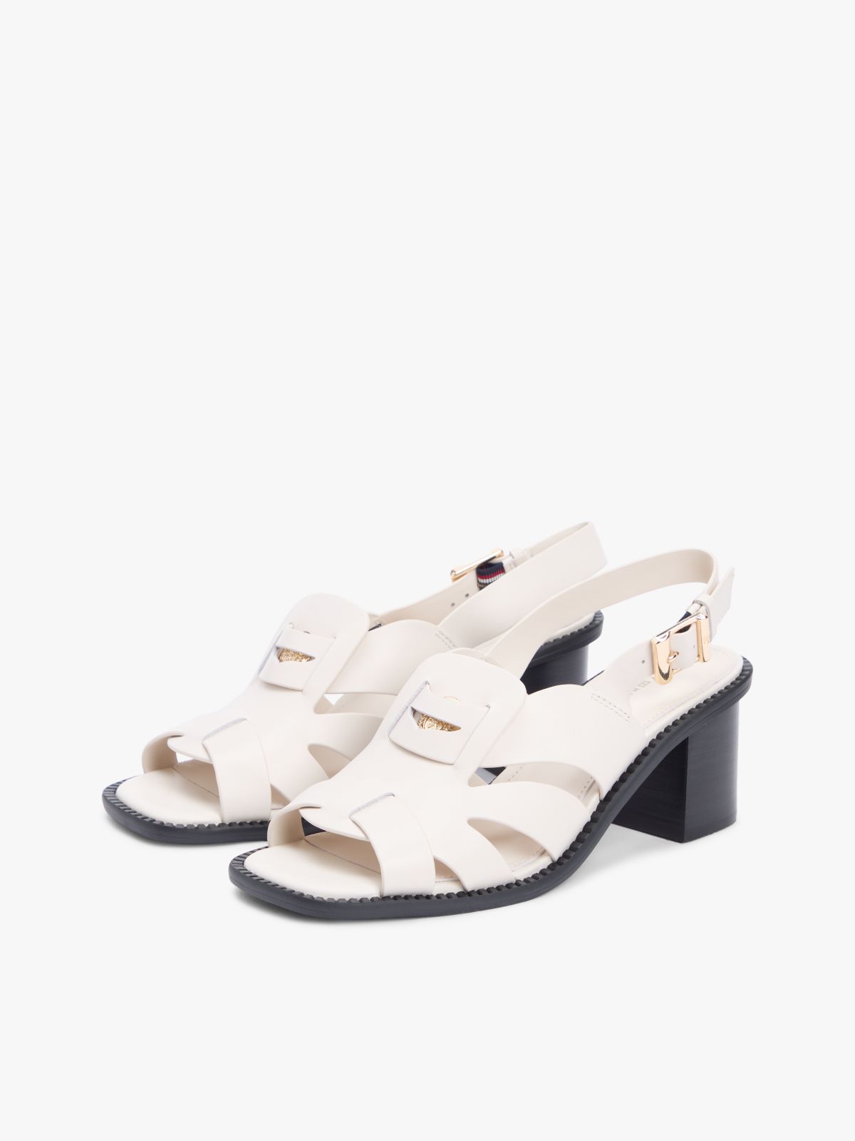 Leather Crest Block Heel Sandals — Beige