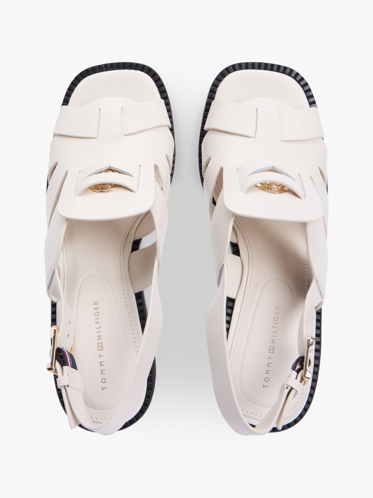 Leather Crest Block Heel Sandals — Beige