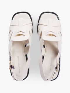 Leather Crest Block Heel Sandals — Beige 3
