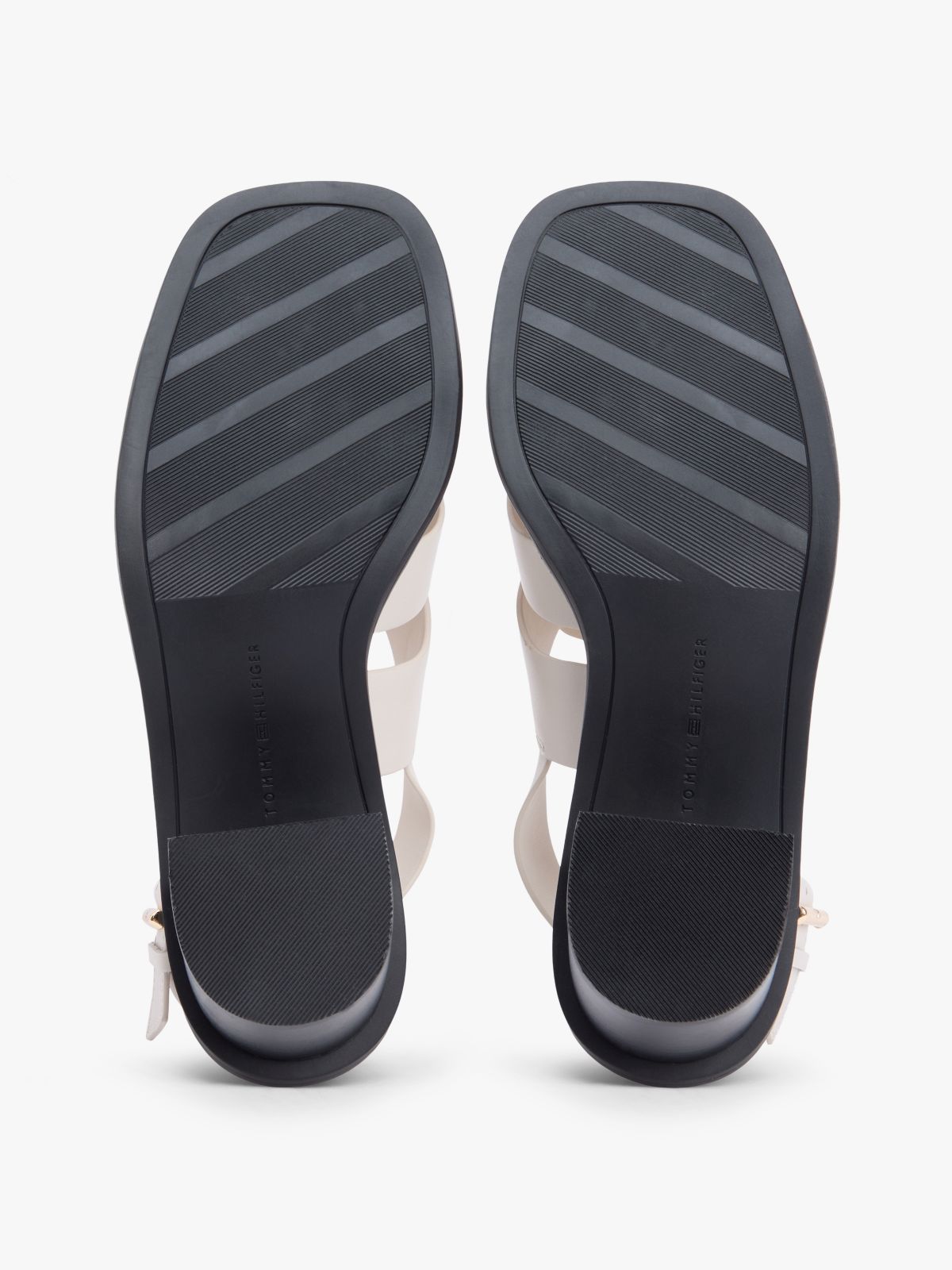 Leather Crest Block Heel Sandals — Beige