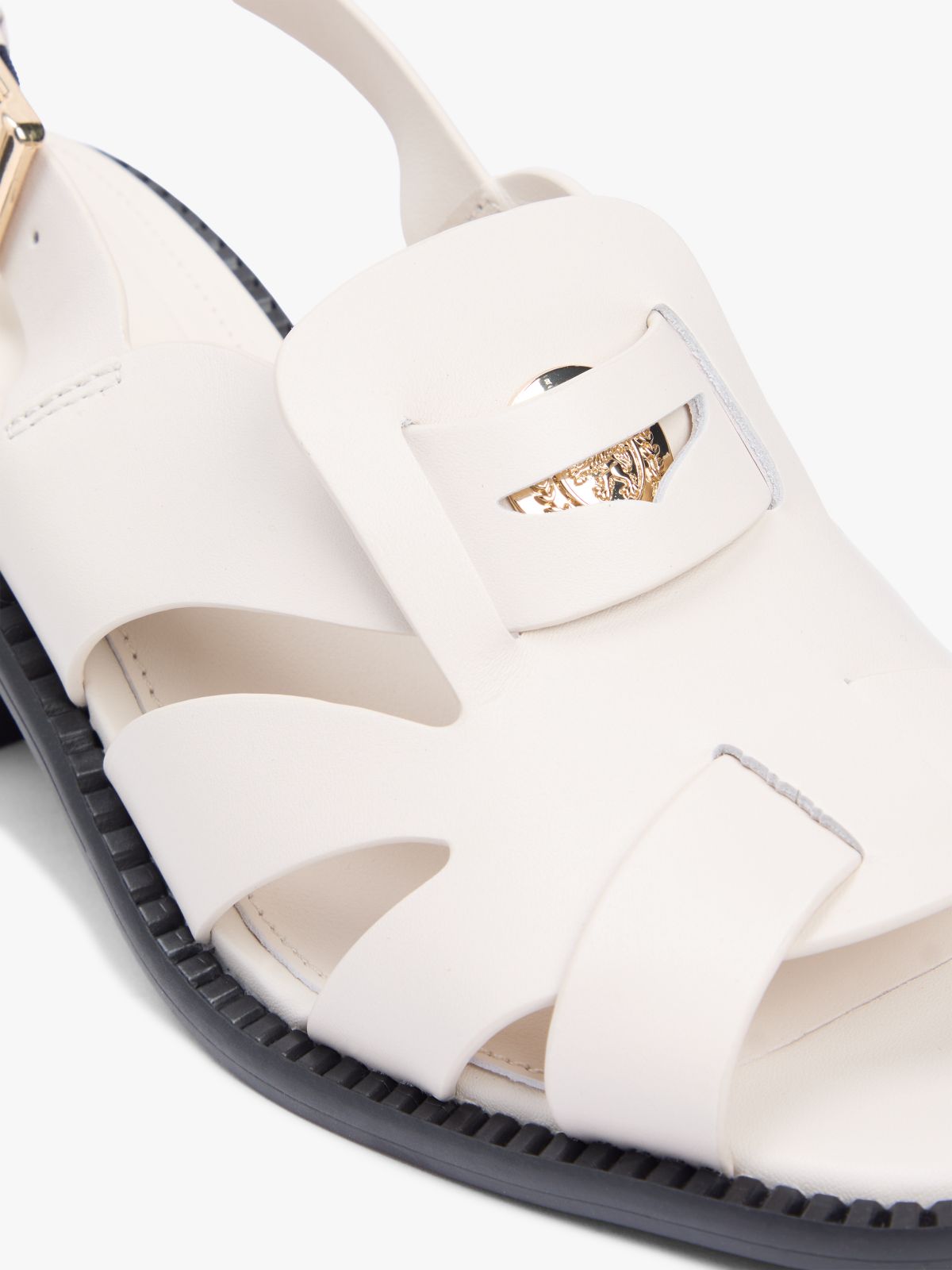 Leather Crest Block Heel Sandals — Beige